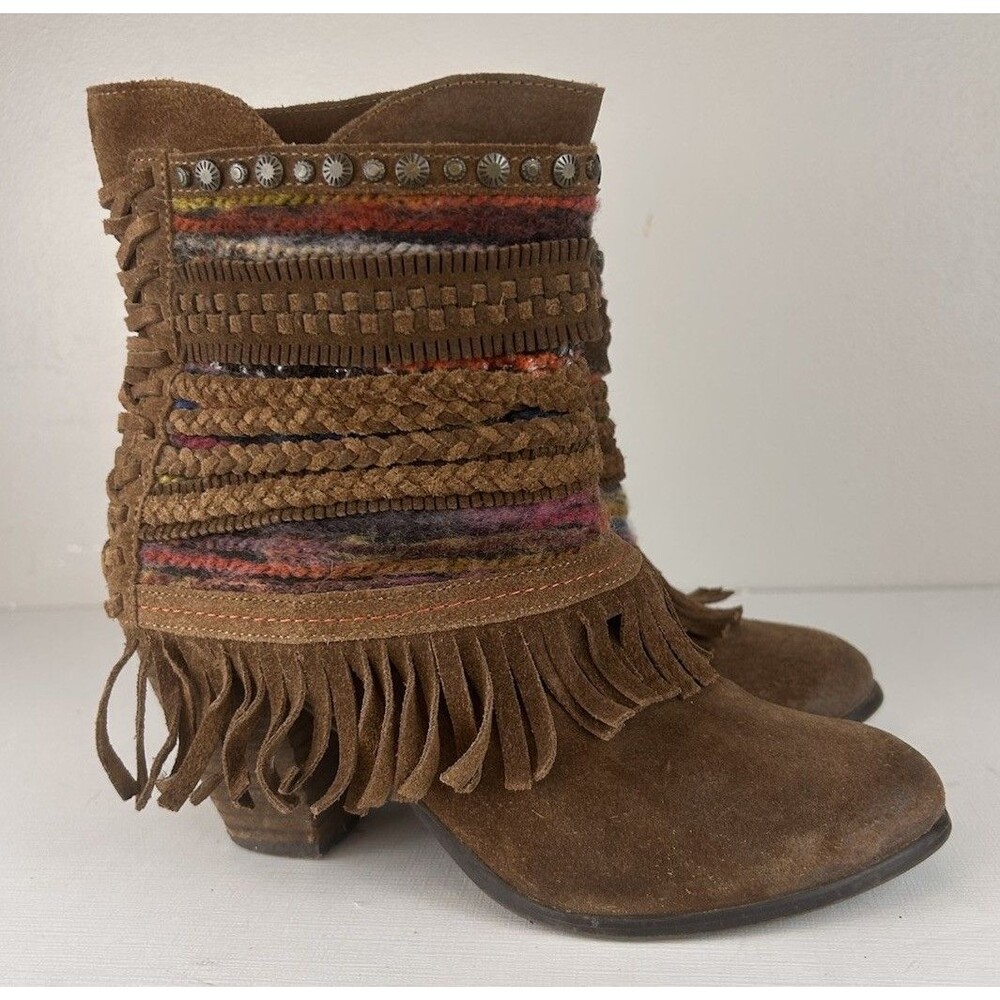 Naughty Monkey Womens Size 7 Fringe Boho Ankle Booties Brown Leather Block Wool